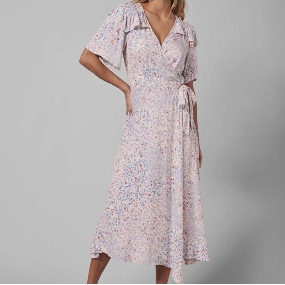Y.A.S. Lini Multicolor Floral Midi Wrap Dress, Size Medium,‎ Flowy Ruffles